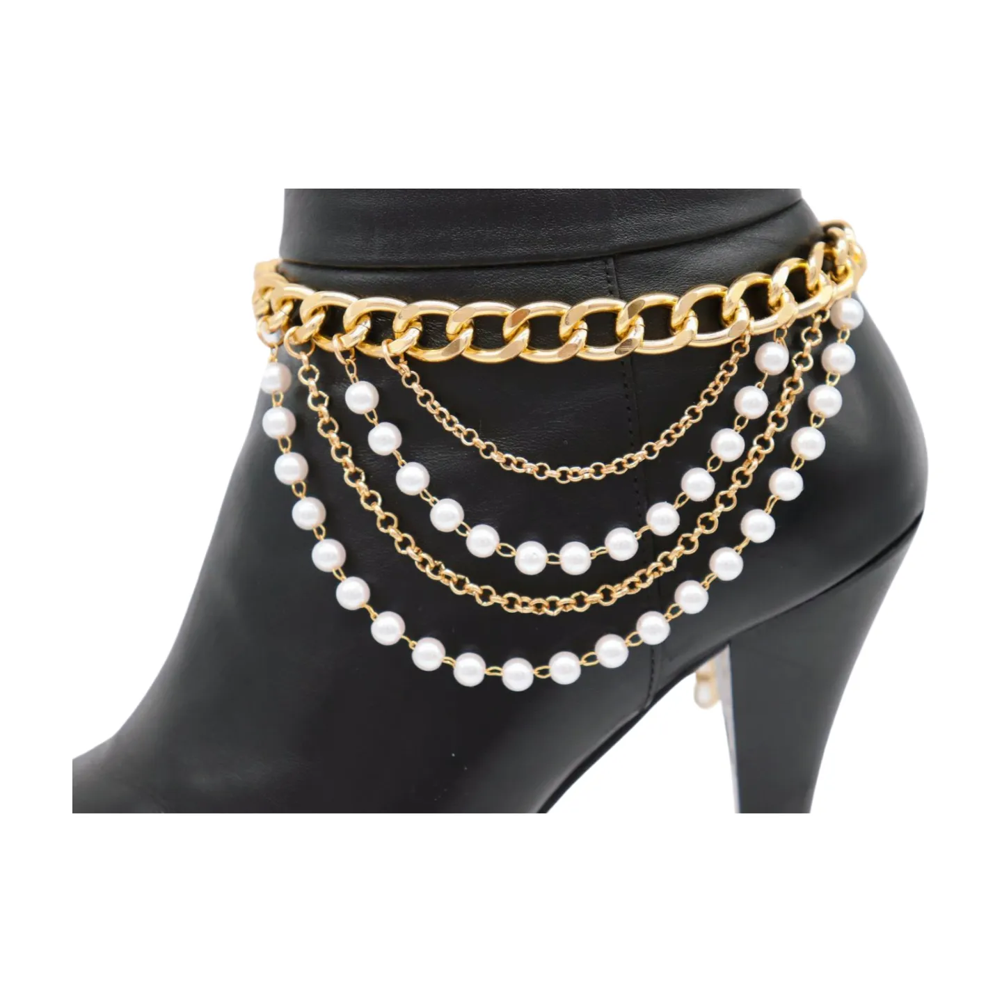 Women Gold Metal Western Boot Chain Bracelet Shoe Anklet Wave Pearl Beads Charm