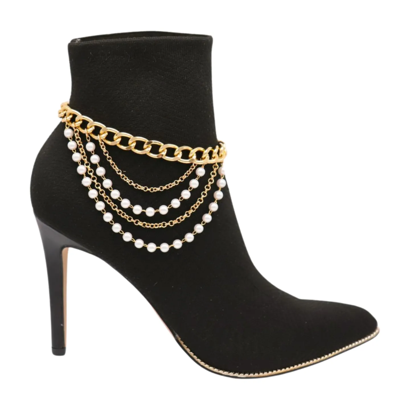 Women Gold Metal Western Boot Chain Bracelet Shoe Anklet Wave Pearl Beads Charm