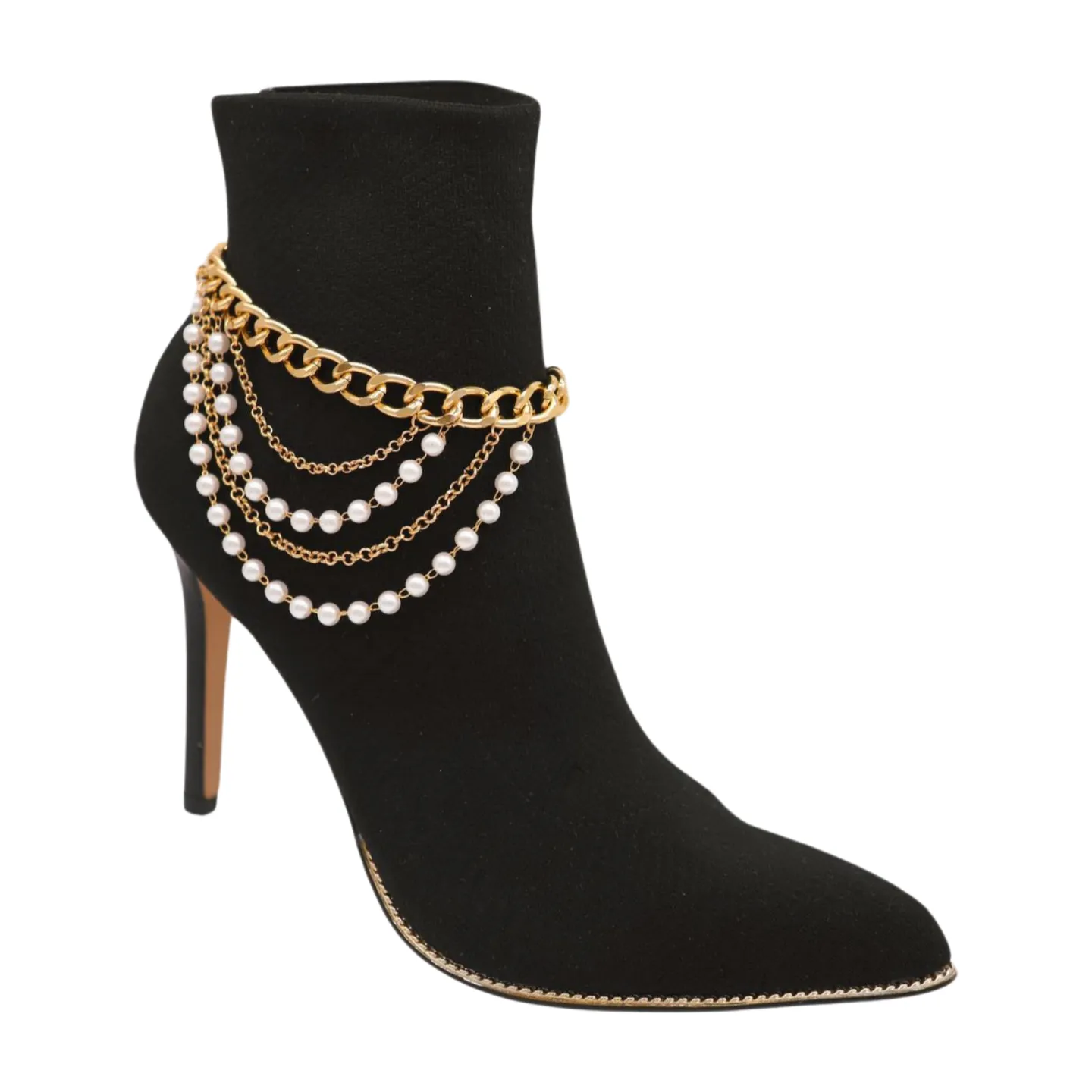 Women Gold Metal Western Boot Chain Bracelet Shoe Anklet Wave Pearl Beads Charm