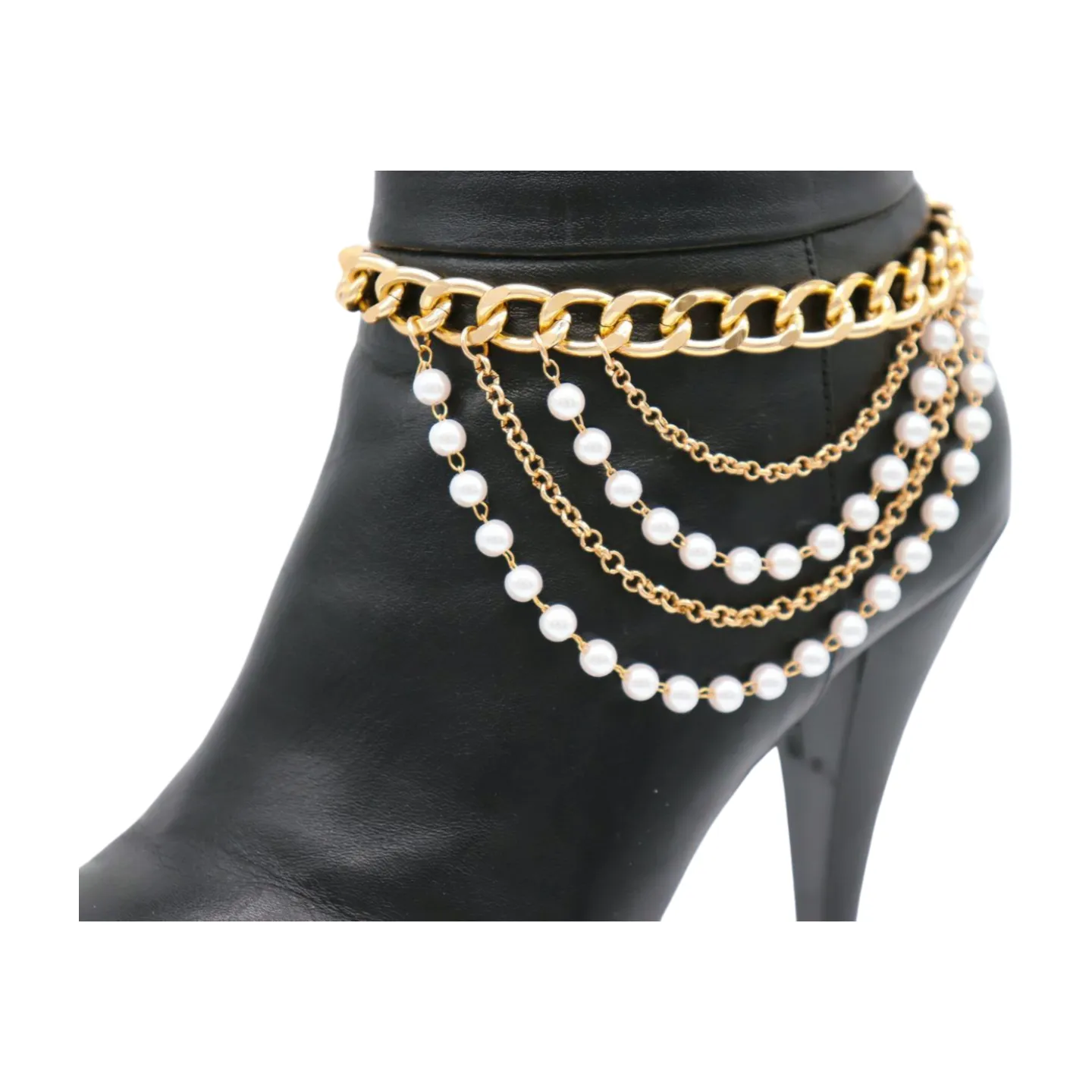 Women Gold Metal Western Boot Chain Bracelet Shoe Anklet Wave Pearl Beads Charm