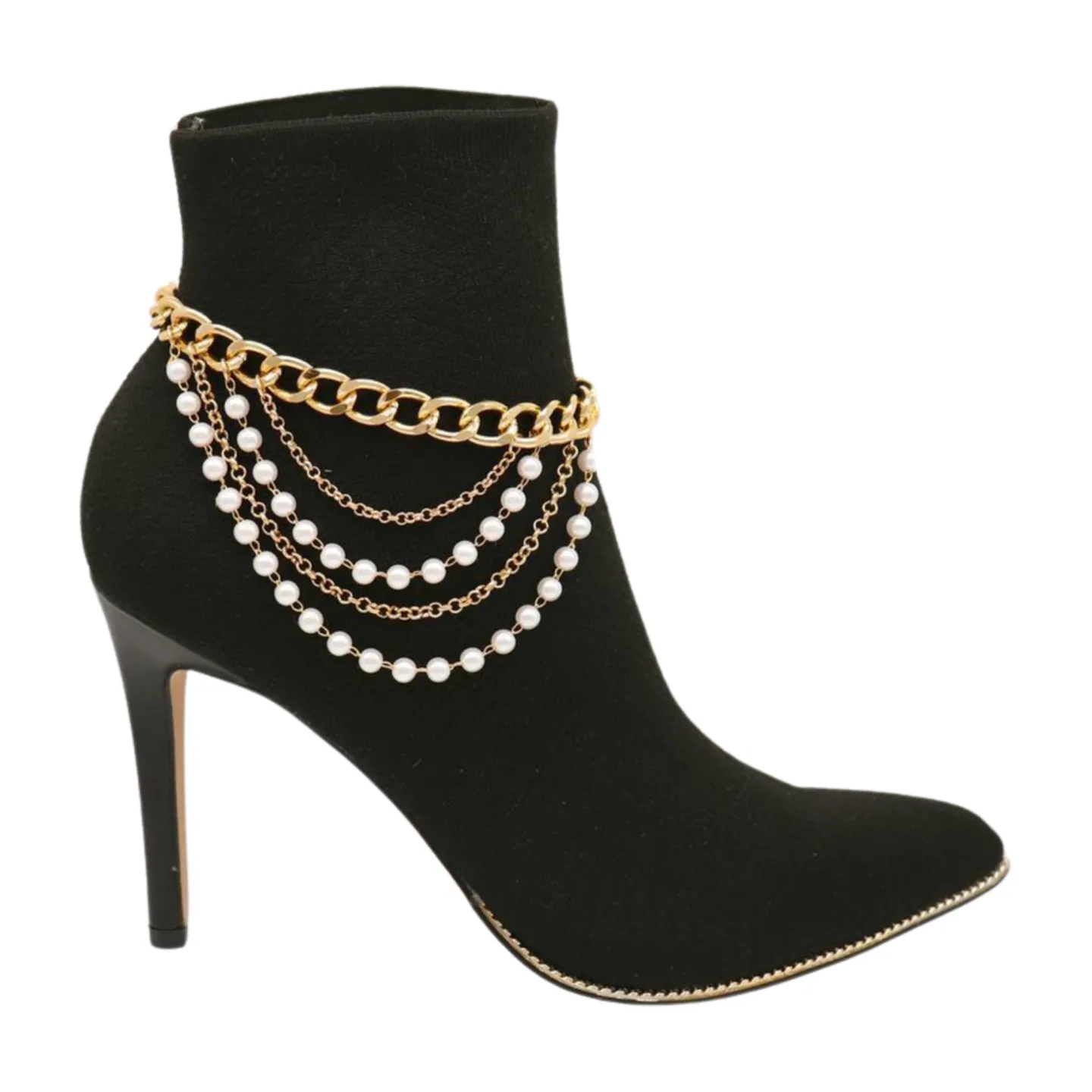 Women Gold Metal Western Boot Chain Bracelet Shoe Anklet Wave Pearl Beads Charm