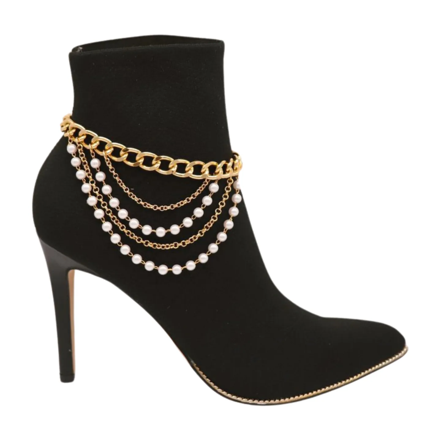 Women Gold Metal Western Boot Chain Bracelet Shoe Anklet Wave Pearl Beads Charm