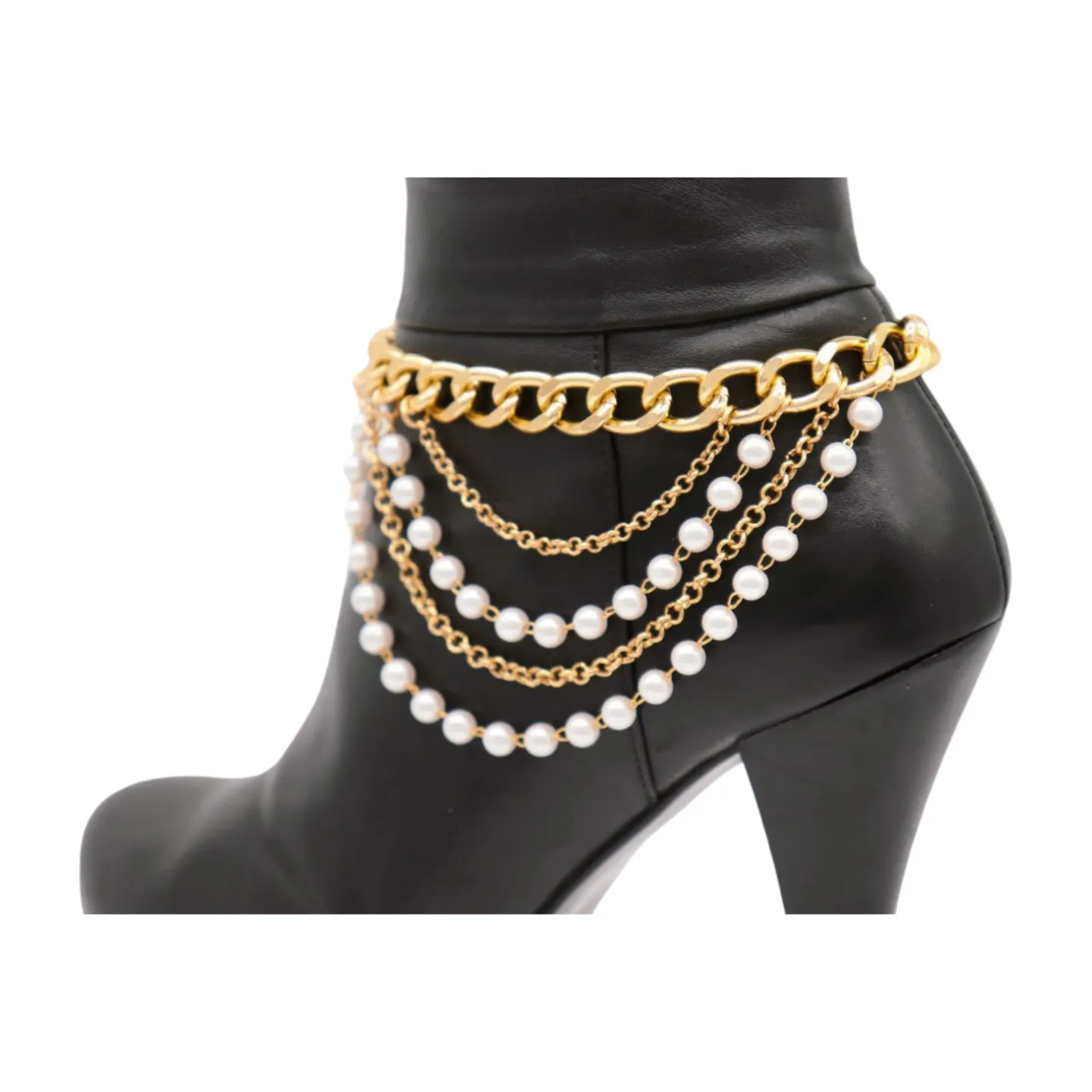 Women Gold Metal Western Boot Chain Bracelet Shoe Anklet Wave Pearl Beads Charm