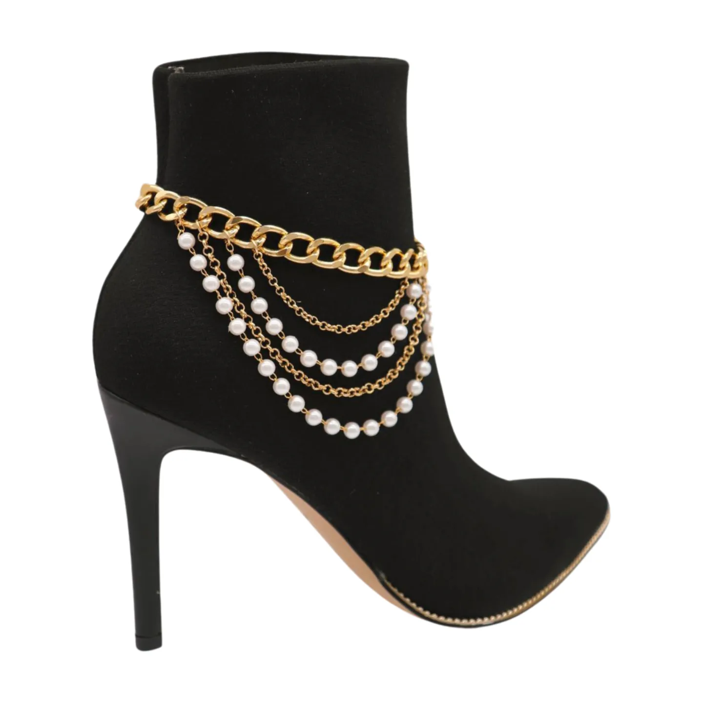 Women Gold Metal Western Boot Chain Bracelet Shoe Anklet Wave Pearl Beads Charm