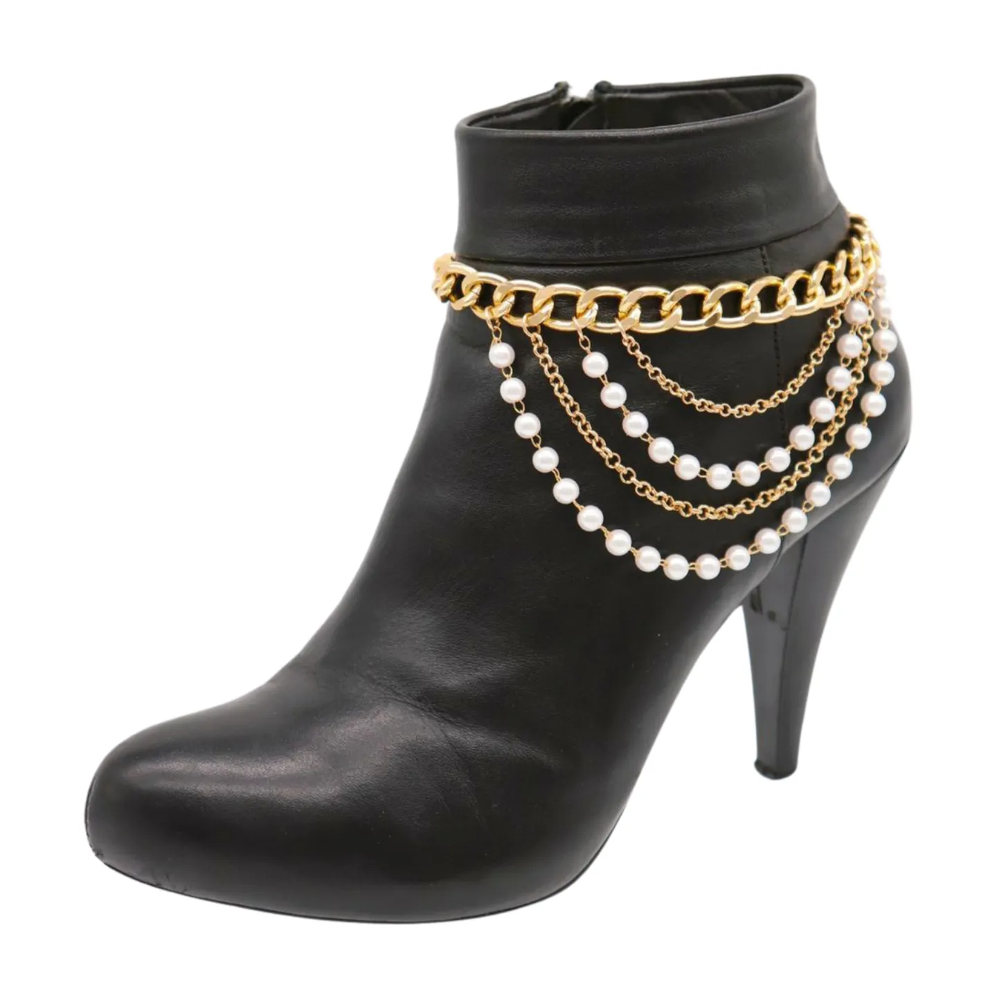 Women Gold Metal Western Boot Chain Bracelet Shoe Anklet Wave Pearl Beads Charm