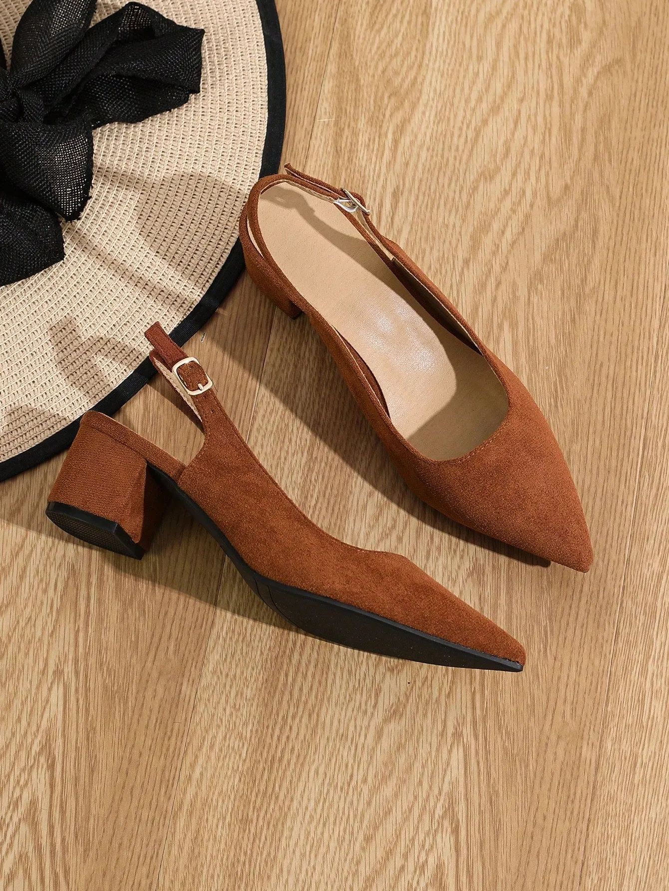 Women Random Leopard Print Point Toe Chunky Heeled Slingback Pumps, Elegant Faux Suede Pumps For Summer