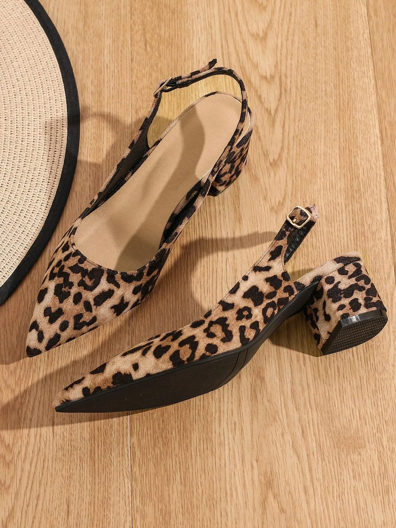 Women Random Leopard Print Point Toe Chunky Heeled Slingback Pumps, Elegant Faux Suede Pumps For Summer