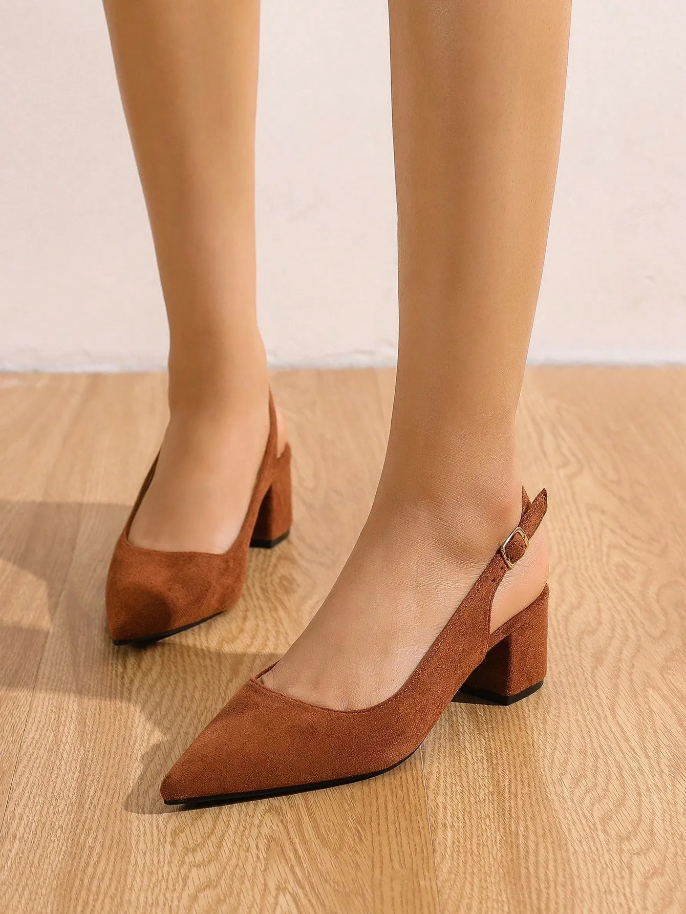 Women Random Leopard Print Point Toe Chunky Heeled Slingback Pumps, Elegant Faux Suede Pumps For Summer