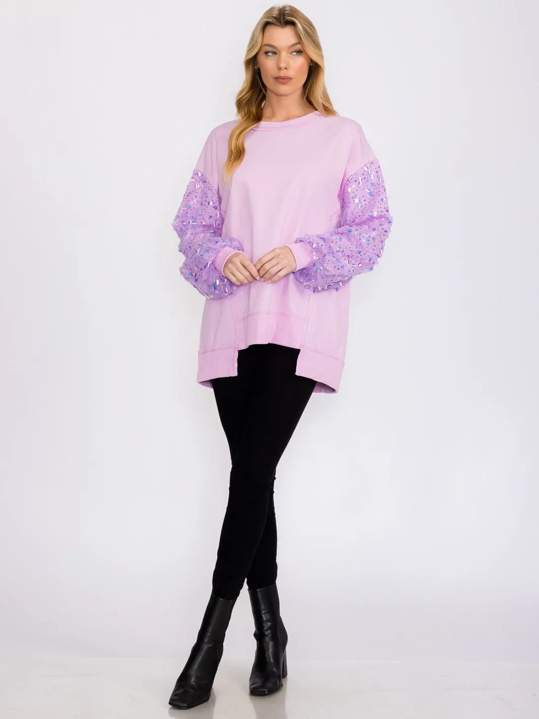 WOMEN'S LONG SEQUINS SLEEVES PULLOVER HIGH-LOW SWEATER