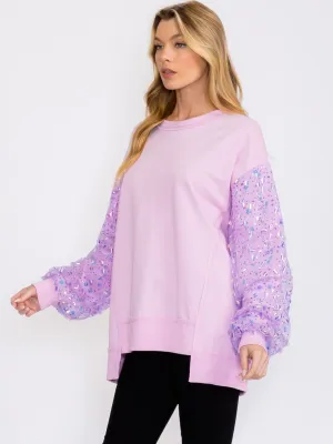 WOMEN'S LONG SEQUINS SLEEVES PULLOVER HIGH-LOW SWEATER