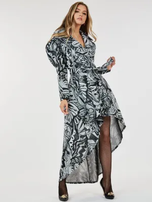 WOMEN'S LONG SLEEVE BUTTON CLOSURE POCKETS PRINTED HIGH-LOW MAXI DRESS