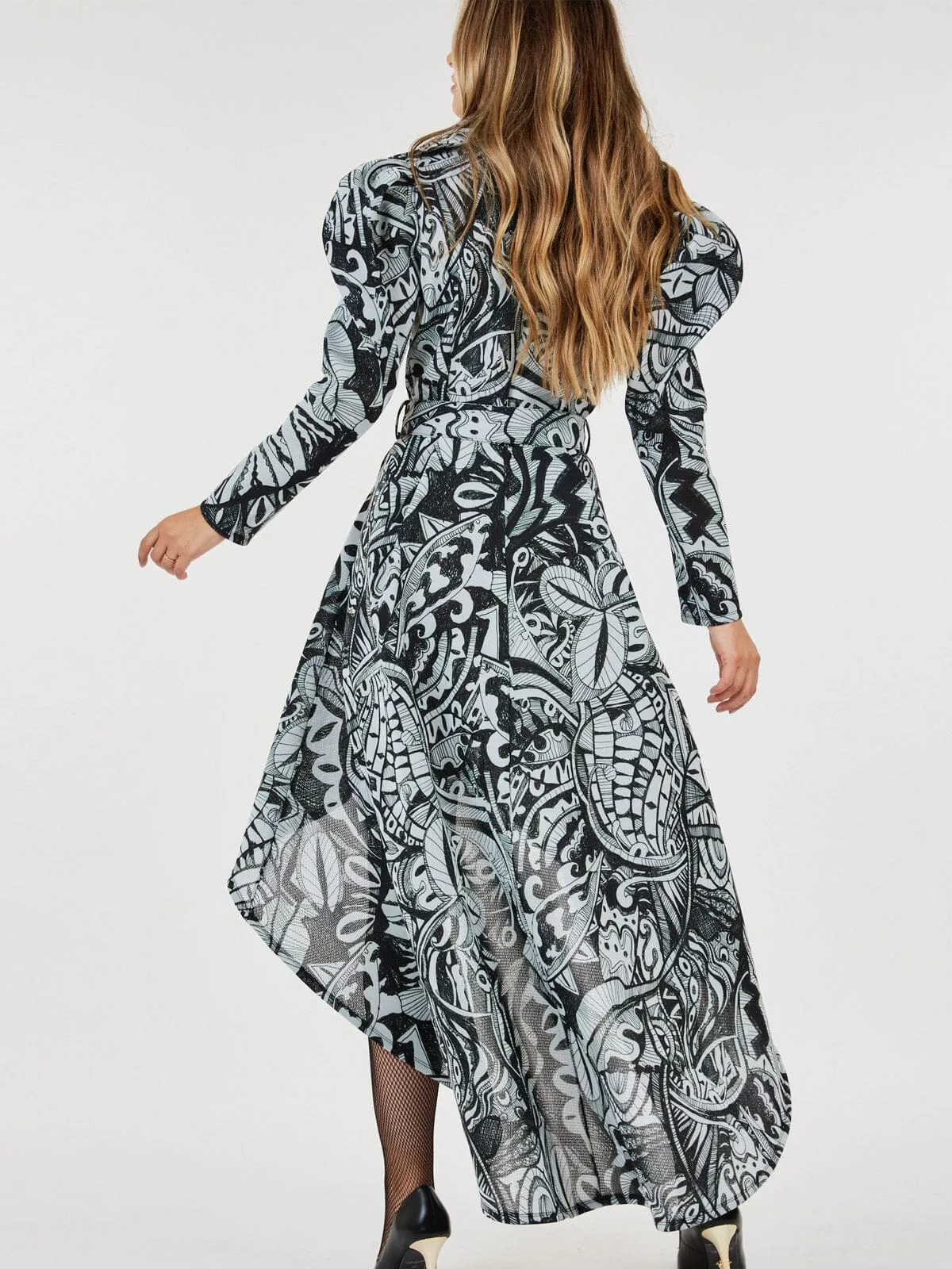 WOMEN'S LONG SLEEVE BUTTON CLOSURE POCKETS PRINTED HIGH-LOW MAXI DRESS