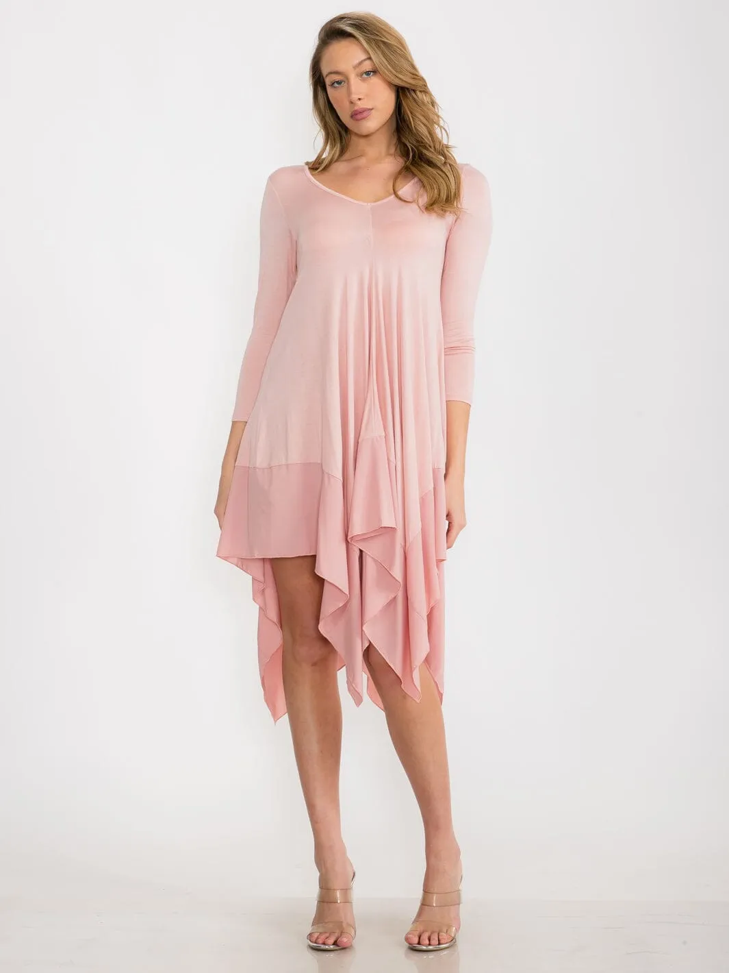 WOMEN'S LONG SLEEVE V-NECK TUNIC HIGH LOW MIDI DRESS