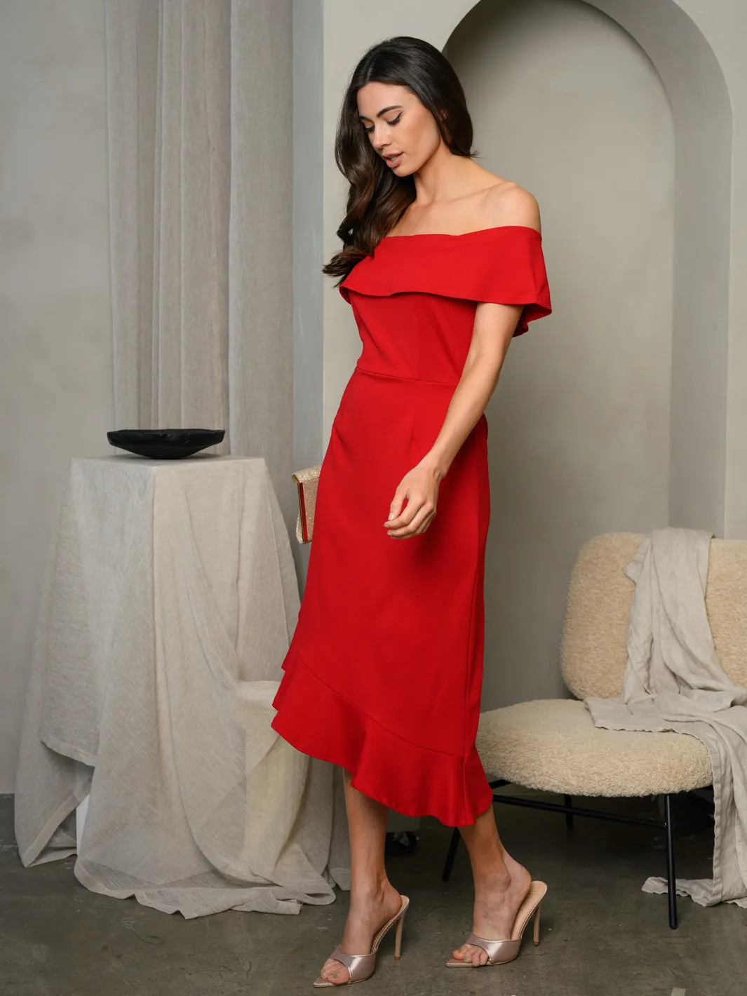 WOMEN'S OFF SHOULDER RUFFLE MIDI DRESS