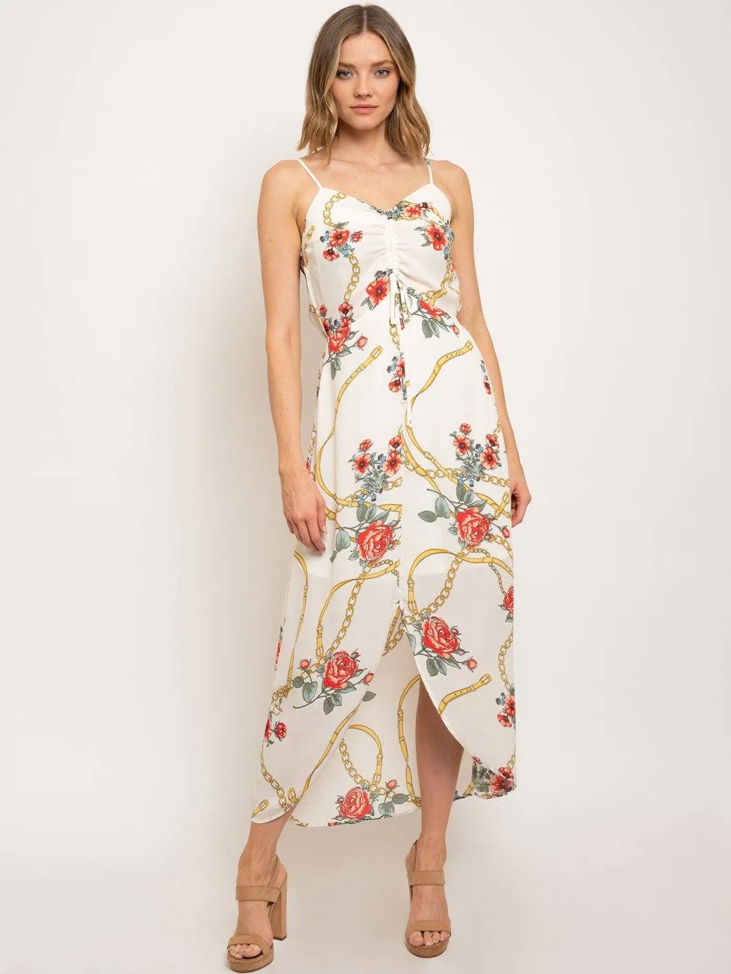 WOMEN'S SLEEVELESS HI-LOW FLORAL PRINT MAXI DRESS