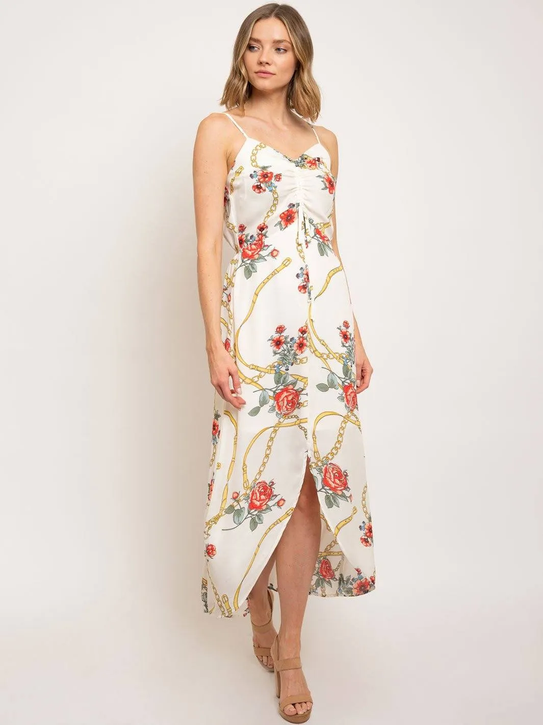 WOMEN'S SLEEVELESS HI-LOW FLORAL PRINT MAXI DRESS