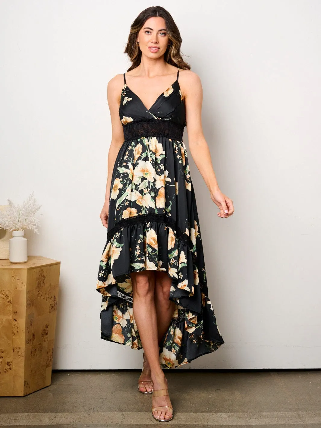 WOMEN'S SLEEVELESS SURPLICE HIGH-LOW FLORAL MAXI DRESS