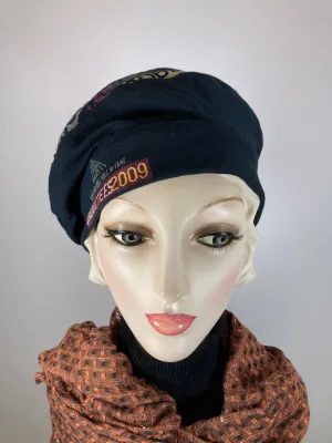 Womens Slouchy Beret. Knit black rock and roll Hat. Slouch Eco friendly Hat. Boho chic casual hat. Ladies travel hat. Sustainable fabric hat