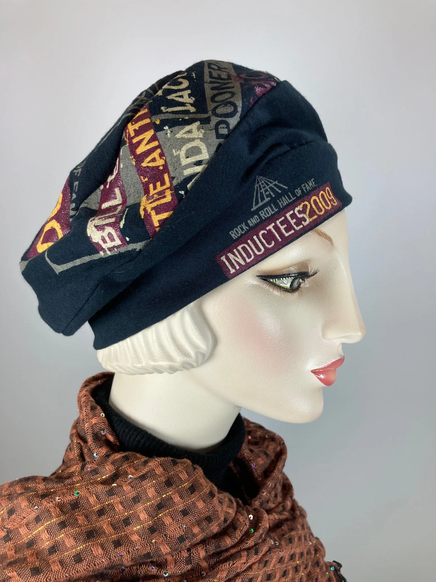 Womens Slouchy Beret. Knit black rock and roll Hat. Slouch Eco friendly Hat. Boho chic casual hat. Ladies travel hat. Sustainable fabric hat