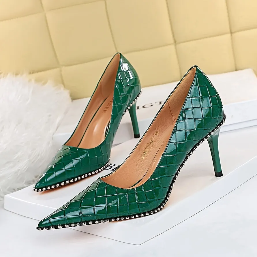 Woven Pattern Metal Ball Stiletto Sandals