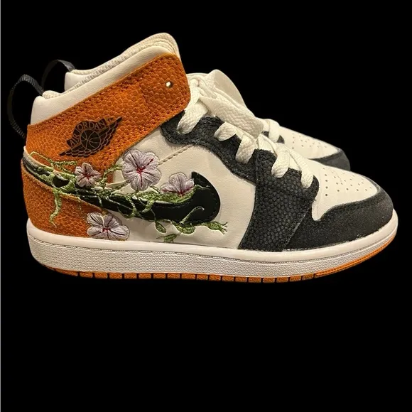 Youth Size 1 Jordan 1 Mid SE Blossom Special Edition Black/White/Orange